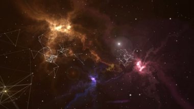 Derin uzayda geçen yıldız ve pleksus oluşumlarla gelişen 3d fantastik renkli bulutsu gökada içine uçan. 3D render