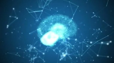 Yapay zeka kavramı: pleksus çizgiler, noktalar ve insan beyni oluşturan çokgenler. Fütüristik bilim ve teknoloji arka plan. Alan ayarları derinliği. 3D render