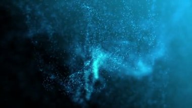 Mavi ışıklı parçacıklar organik hareket. Alan ayarları derinliği. 3D render 