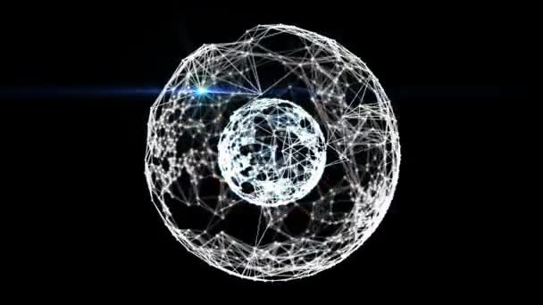 动画抽象同心两个球体形成由丛连接的白点和蓝线和光 字段设置的浅层深度 美丽的有机运动 — 图库视频影像