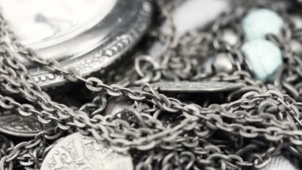 Slow Smooth Slide Antique Watch Coins Bronze Chains Gems Handmade — Stock Video