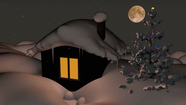 Märchenhaus Winter Mit Schnee Bedeckt Schneeflocken Fallen Und Großer Mond — Stockvideo