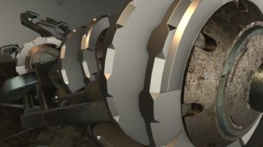 Soyut endüstriyel çelik dişli mekanizması. Fantezi teknoloji ve mühendislik arka plan. Alan ayarları derinliği. 3D render.