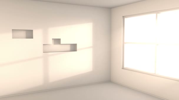 空荡荡的白色房间 阳光从白天到日落的窗口 计算机生成的运动背景 — 图库视频影像
