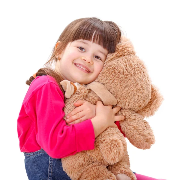 Kislány szerető neki plüss medve — Stock Fotó