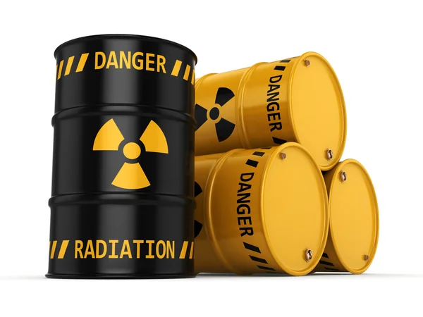 Renderização 3D Barris radioativos amarelos e pretos — Fotografia de Stock