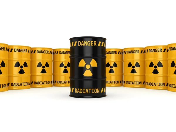 3D rendering sárga és fekete radioaktív hordók — Stock Fotó