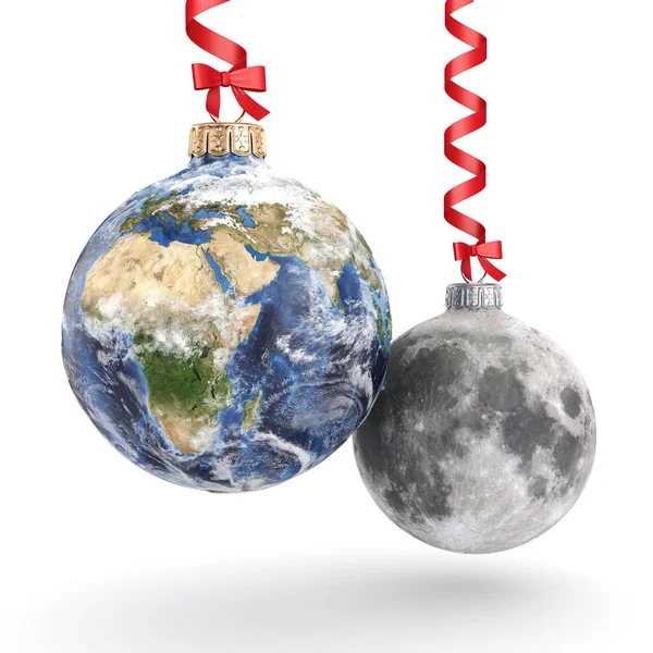 3D rendering Christmas ball Planet Earth and Moon — Stock Photo, Image