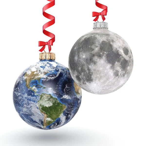 3D rendering Christmas ball Planet Earth and Moon — Stock Photo, Image