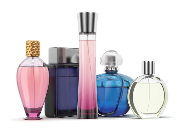 Grup de redare 3D a sticlelor de parfum — Fotografie, imagine de stoc