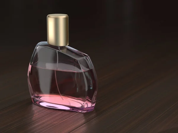 Representación 3D frasco de perfume en una mesa de madera — Foto de Stock