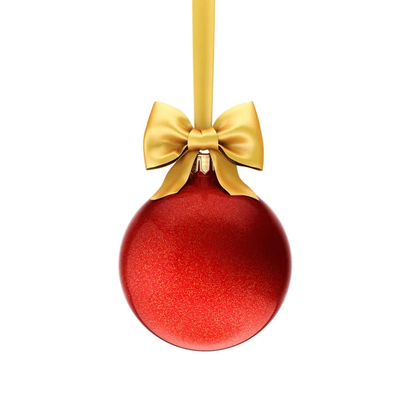 Rendre 3D boule de Noël rouge avec ruban d'or et arc — Photo