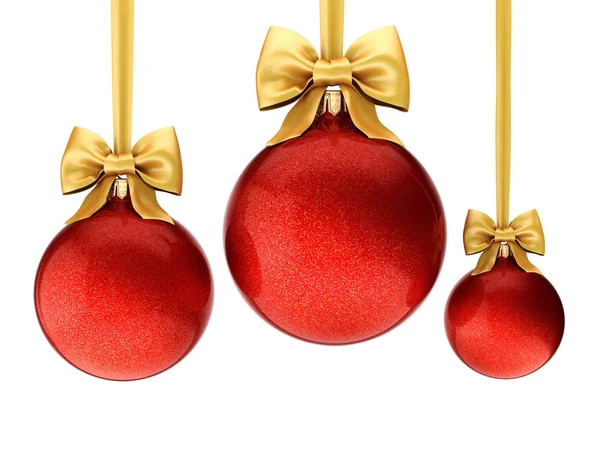 3D rendering red Christmas balls with gold ribbon and bow — Stock Photo, Image