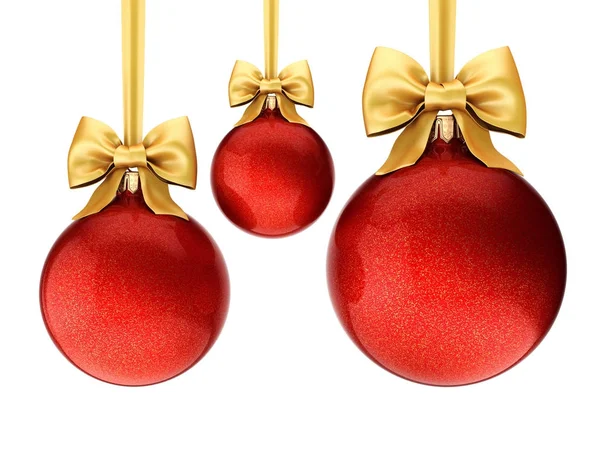 Rendering 3D palline di Natale rosse con nastro e fiocco in oro — Foto Stock