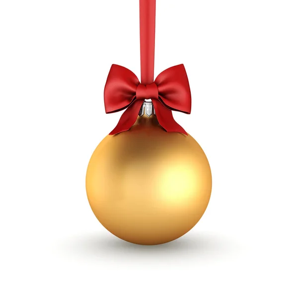 3D рендеринг золотой рождественский шар с красной лентой и луком — стоковое фото