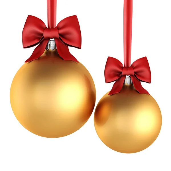 3D rendering golden Christmas balls with red ribbon and bow — Stock Photo, Image