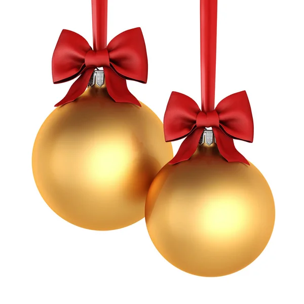 3D візуалізація золотих різдвяних кульок з червоною стрічкою і бантом — стокове фото