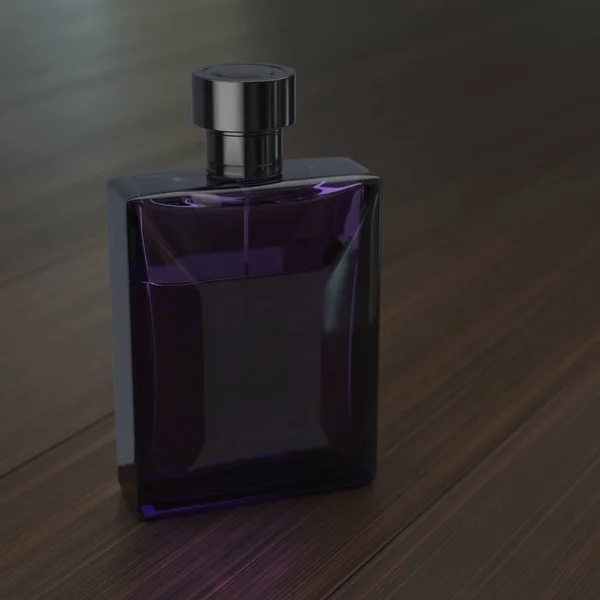 Garrafa de perfume de renderização 3D em uma mesa de madeira — Fotografia de Stock