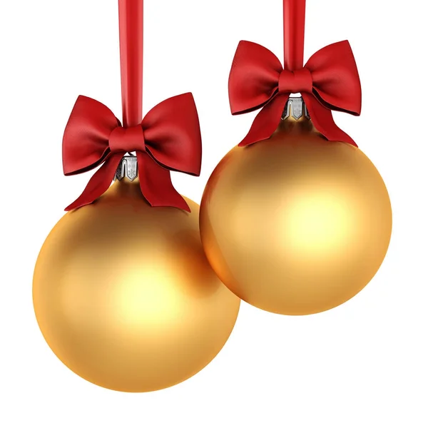 3D renderização bolas de Natal dourado com fita vermelha e arco — Fotografia de Stock