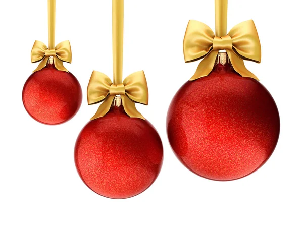 Representación 3D bolas rojas de Navidad con cinta de oro y lazo —  Fotos de Stock