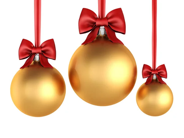 3D rendering golden Christmas balls with red ribbon and bow — Stock Photo, Image