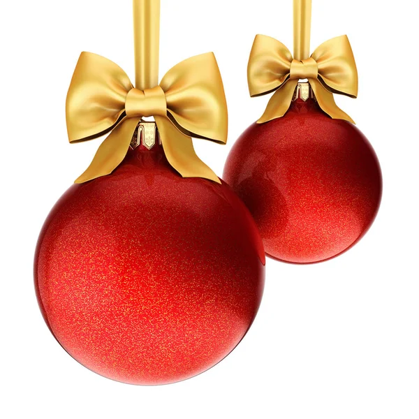 Representación 3D bolas rojas de Navidad con cinta de oro y lazo — Foto de Stock