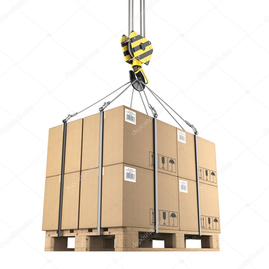 3D rendering of a crane hook with a load on a pallet