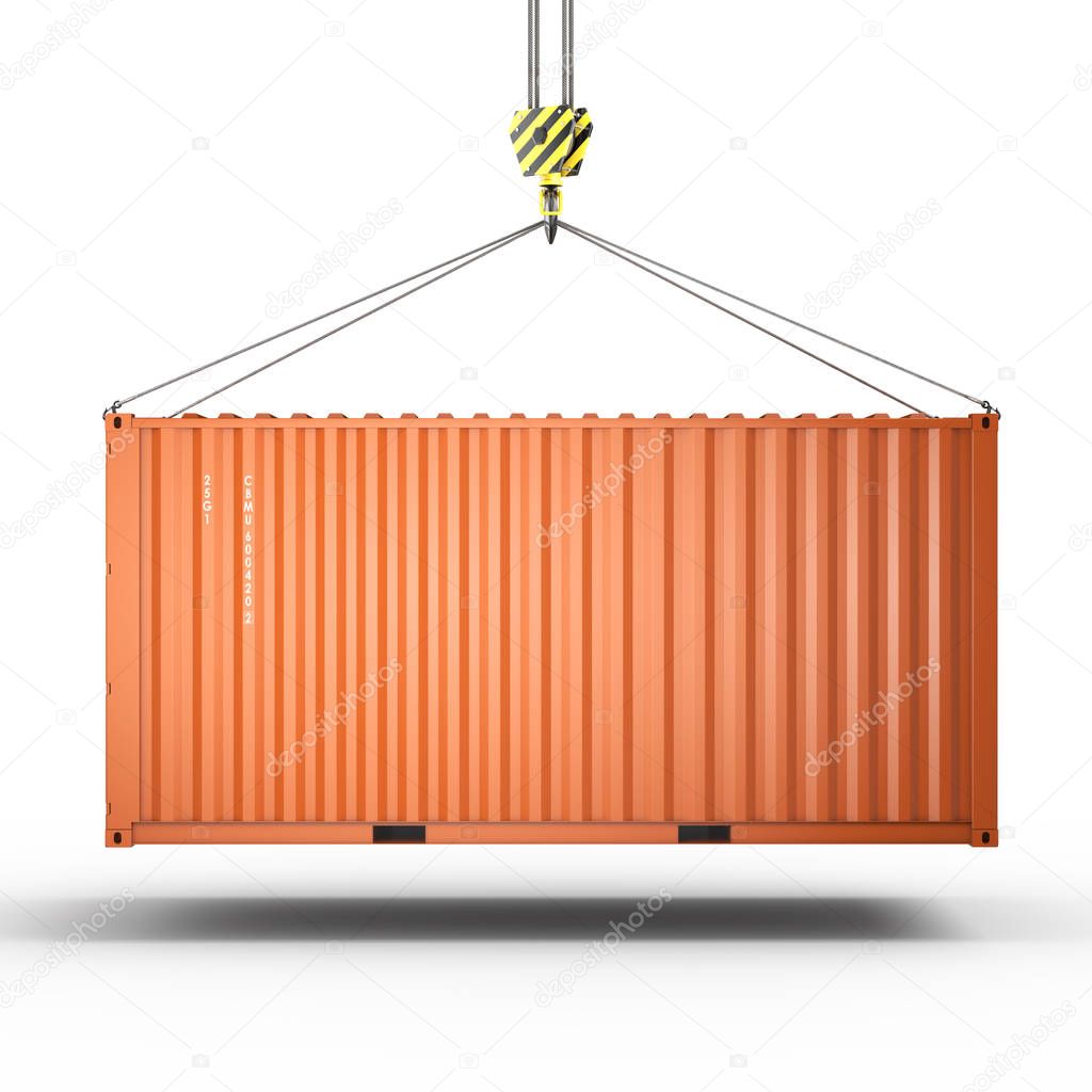 3D rendering of a crane hook with a cargo container