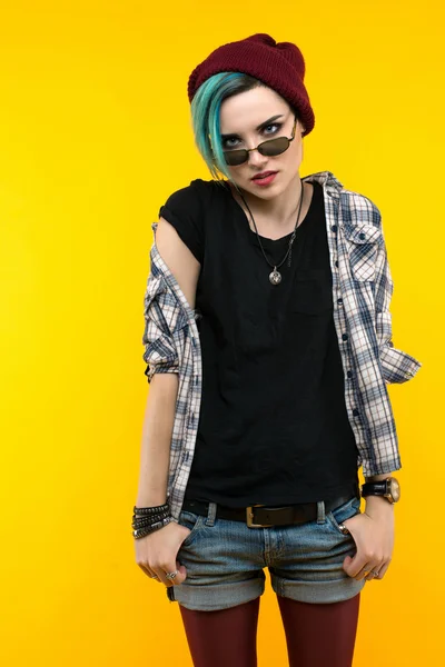 Creative person style on yellow background. modern teenager. colour / colorful hairstyle — ストック写真