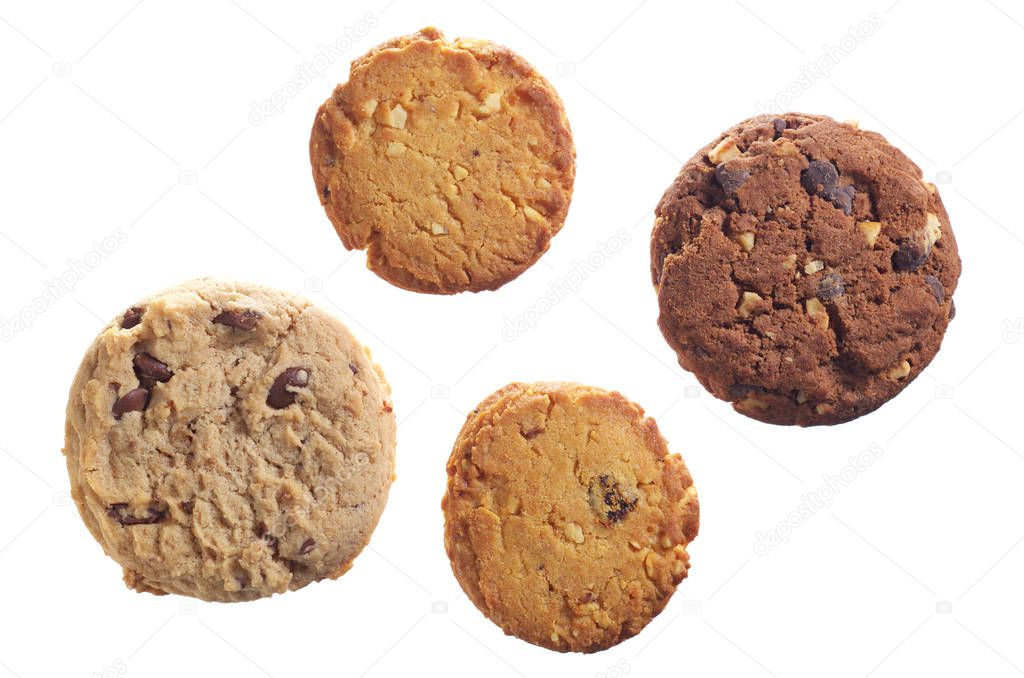 Various cookies isolated on a white background, top view