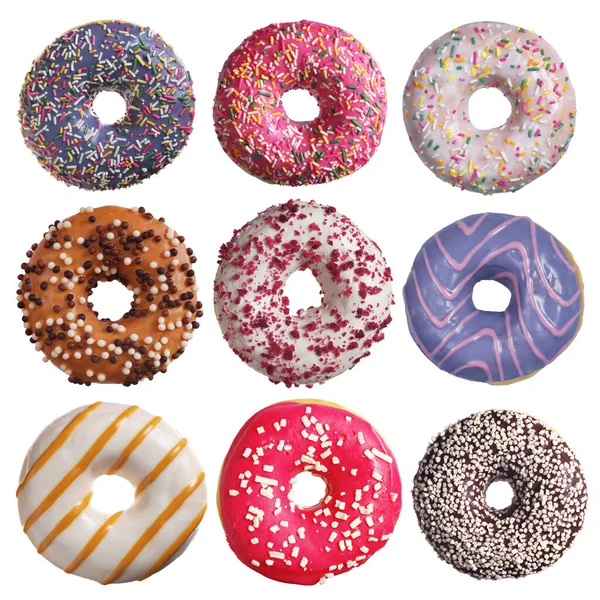 Set Aus Verschiedenen Donuts Isoliert Auf Weißem Hintergrund Draufsicht — Stockfoto