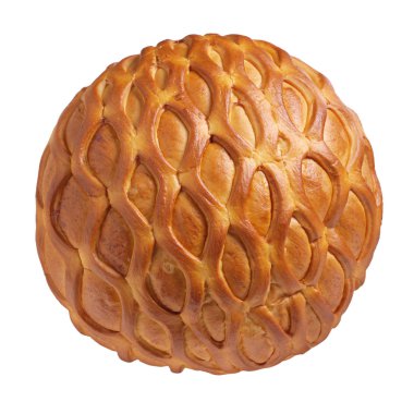 Beyaz arka planda izole edilmiş bir somun buğday ekmeği, üst manzara.