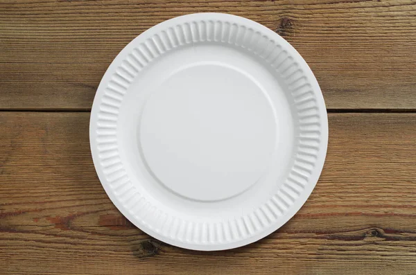 Disposable Paper Plate Wooden Background Top View — Stock Photo, Image