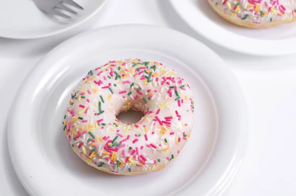 Donut Icing Sprinkles Plate White Table — Stock Photo, Image