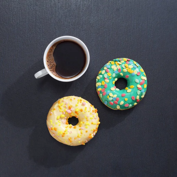 Cup Coffee Two Donuts Black Stone Background Top View — Stock Photo, Image