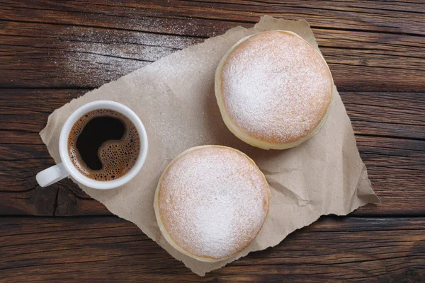 Berliner Donuts Cup Coffee Wooden Table Top View — Stock Photo, Image