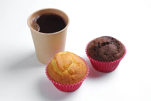 Muffins Tasse Café Emporter Fond Blanc — Photo