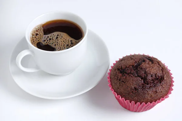 Chocolate Muffin Cup Coffee White Background Close — Stock Photo, Image