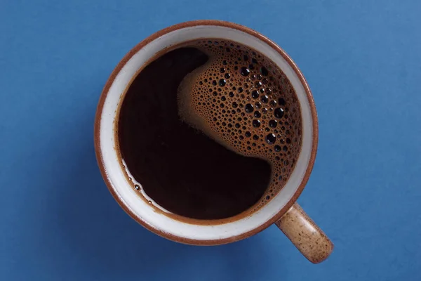 Tazza Caffè Sfondo Blu Primo Piano Vista Dall Alto — Foto Stock