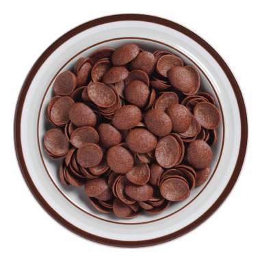 Beyaz arka planda izole edilmiş plakadaki jöleli mısır gevreğinin tam üstünde.