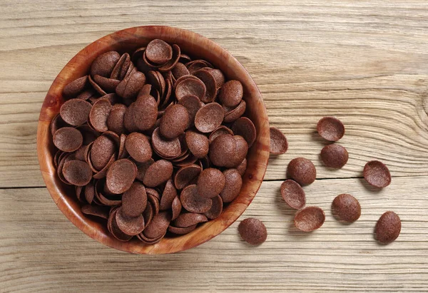 Directamente Encima Vista Copos Maíz Chocolate Tazón Sobre Fondo Madera — Foto de Stock