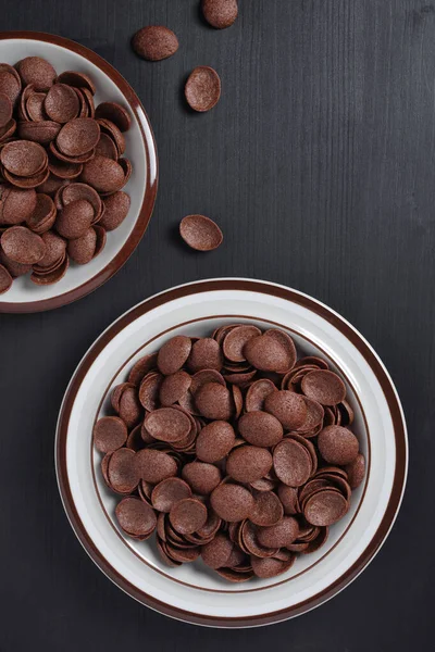 Directamente Encima Vista Cereales Chocolate Desayuno Plato Sobre Fondo Madera — Foto de Stock