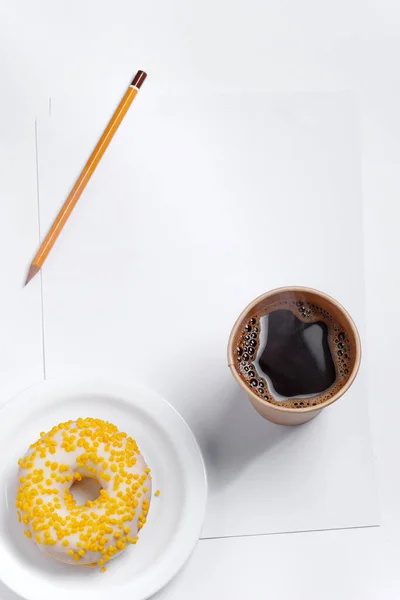 Sheet Paper Coffee Donut White Background Top View Copy Space — Stock Photo, Image