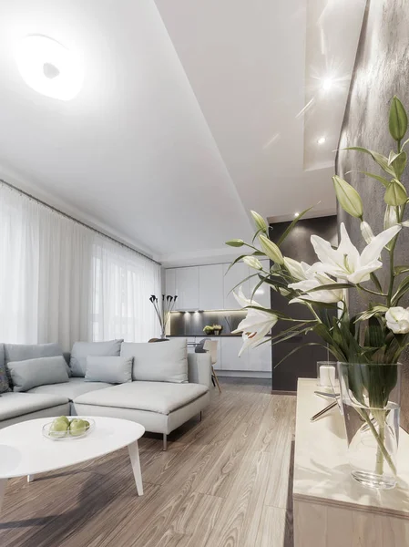 Interior moderno de um pequeno apartamento privado, sala de estar — Fotografia de Stock
