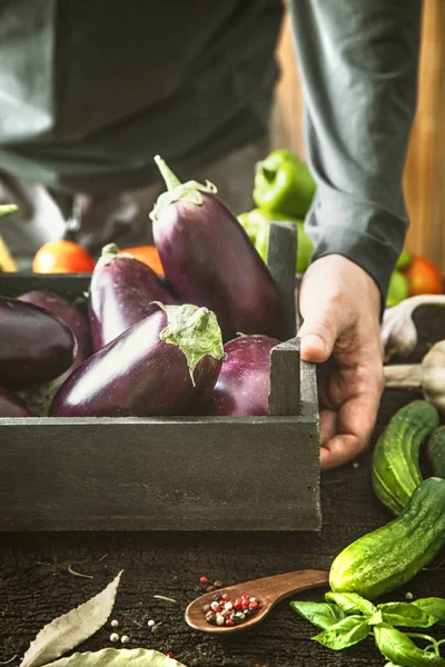 Fermier avec aubergine — Photo