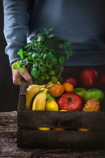 Frutas orgânicas em madeira — Fotografia de Stock