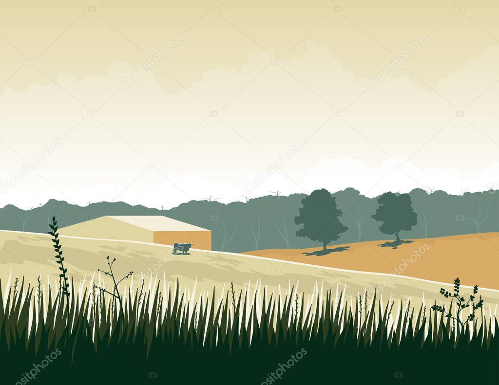 Vector illustration of a pasture with a cow and barn in the background.