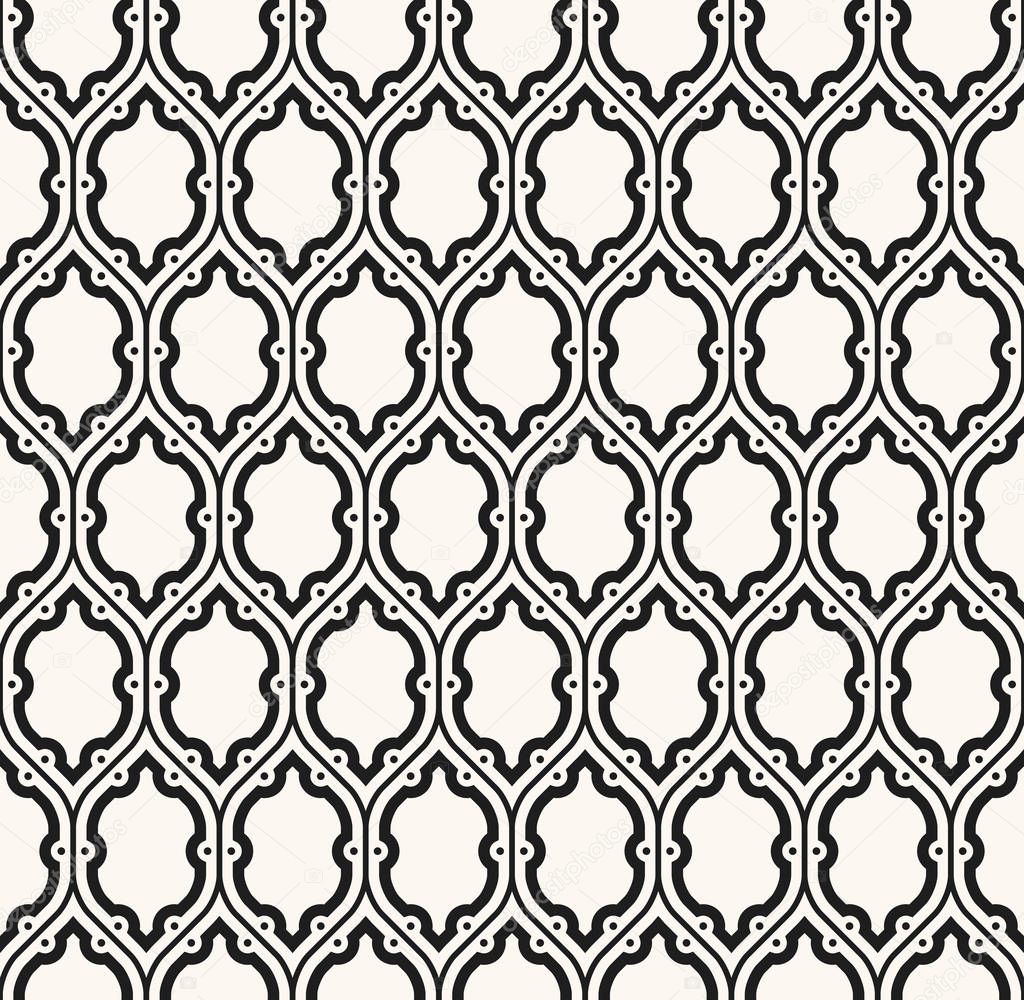 Seamless pattern with stylized lines, curves, cells and dots. Hexagonal abstract and elegant network for background or upholstery. Editable monochromatic wallpaper made of lines and cells.