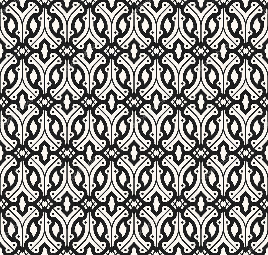 Seamless pattern with stylized curved lines and dots. Abstract and classical network for background and upholstery. Editable monochromatic wallpaper.