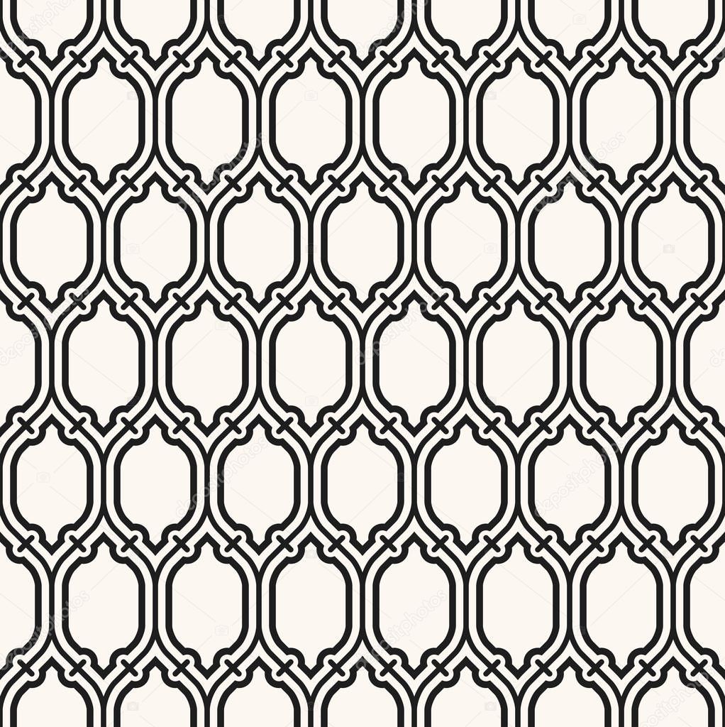Seamless pattern with curved lines and cells. Hexagonal abstract and modern network for background, lining or upholstery. Editable monochromatic wallpaper made of lines, segments and cells.